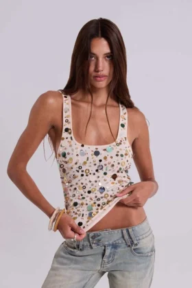 Addison Sequin Vest Top in Sand
