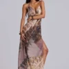 Alameda Metallic Cowl Backless Chiffon Maxi Dress