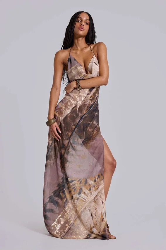 Alameda Metallic Cowl Backless Chiffon Maxi Dress