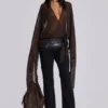 Aria Mesh Plunge Mini Dress in Brown