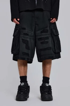 Black Distressed Beach Cargo Shorts