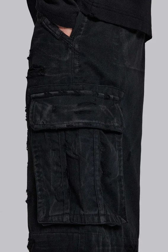 Black Distressed Beach Cargo Shorts