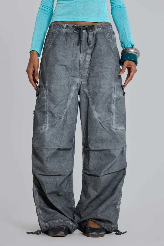 Black Oil Wash Parachute Pants