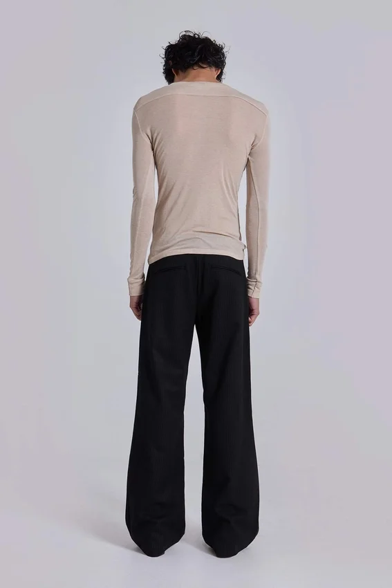 Black Pinstripe Stacked Straight Suit Pants