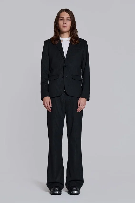 Black Pinstripe Stacked Straight Suit Pants
