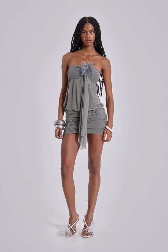 Brunelle Mini Dress with Feathers