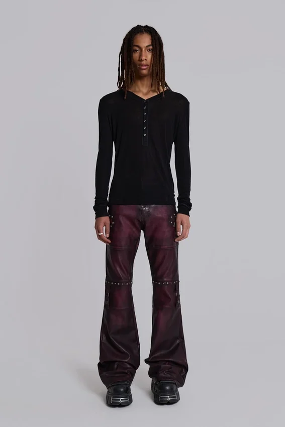 Burgundy Studded Faux Leather Drift Bootcut Trousers