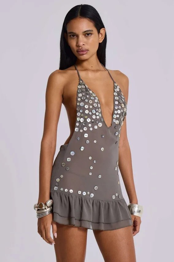 Button Me Up Mini Dress in Grey