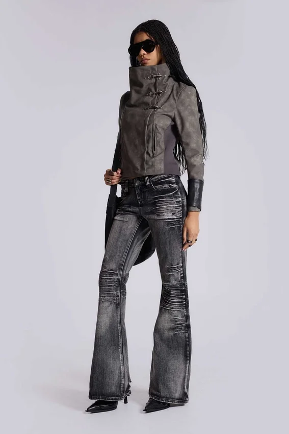 Cera Clasp PU Leather Funnel Jacket