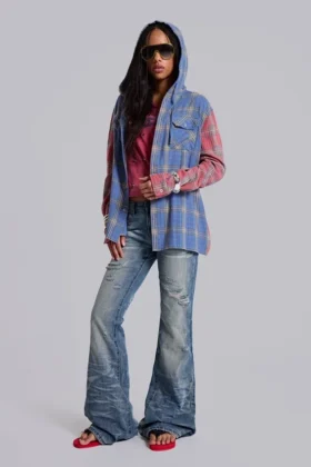 Checked Button-Up Hooded Shirt