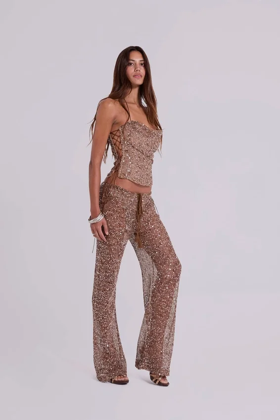 Deva Sequin Knit Corset Top in Sand