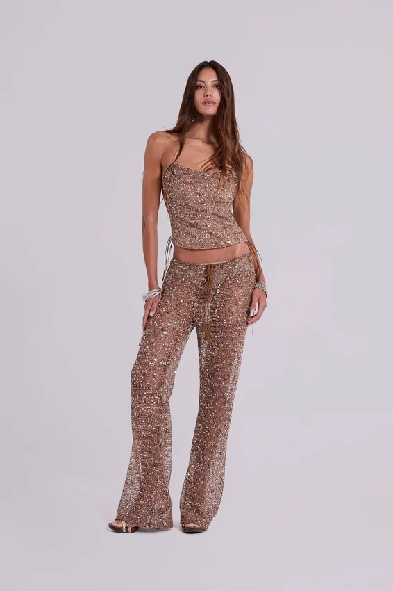 Deva Sequin Knit Corset Top in Sand