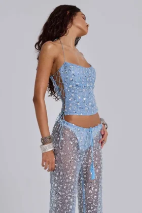 Deva Sequin Knit Corset Top in Sky