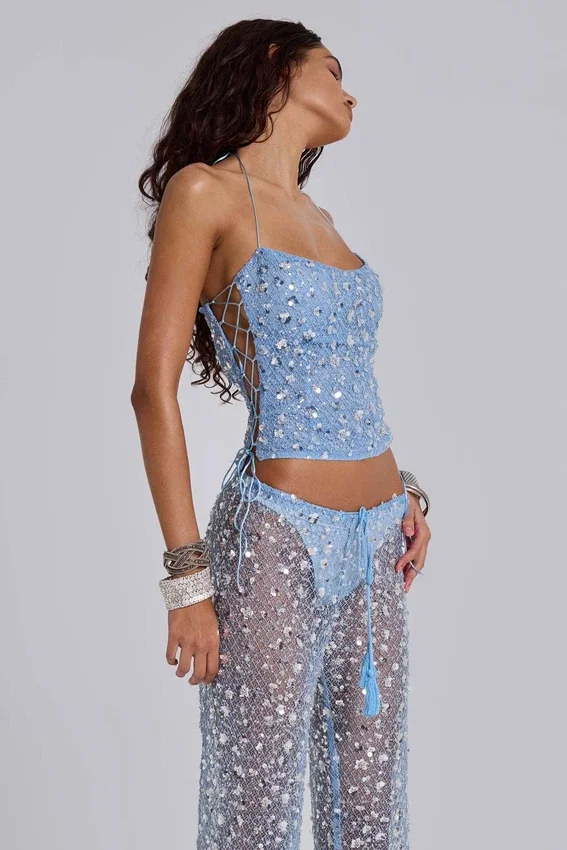 Deva Sequin Knit Corset Top in Sky