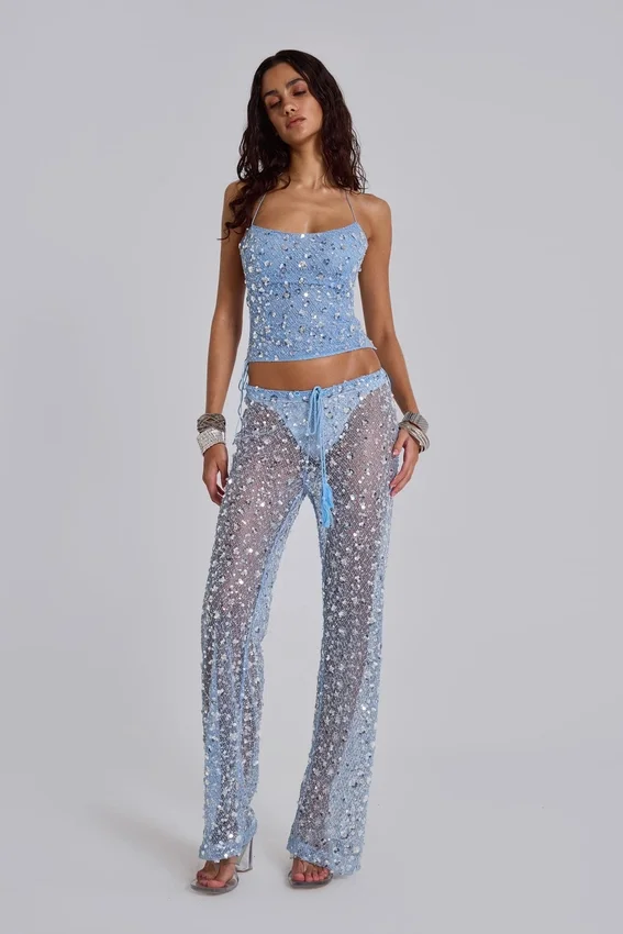 Deva Sequin Knit Corset Top in Sky