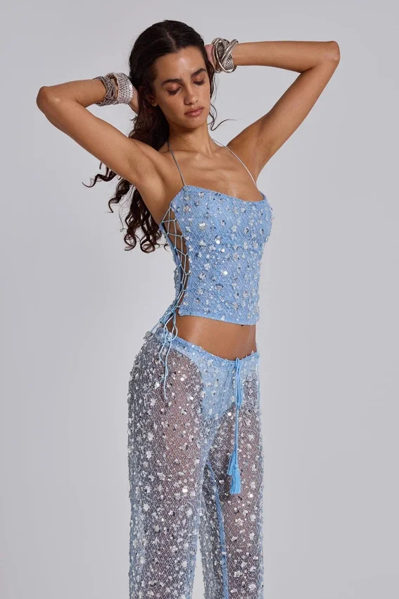 Deva Sequin Knit Corset Top in Sky