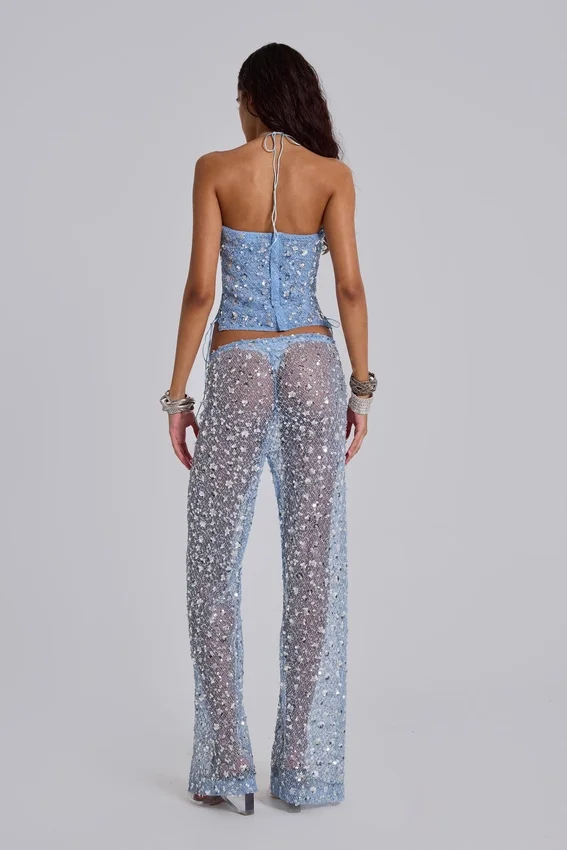 Deva Sequin Knit Corset Top in Sky