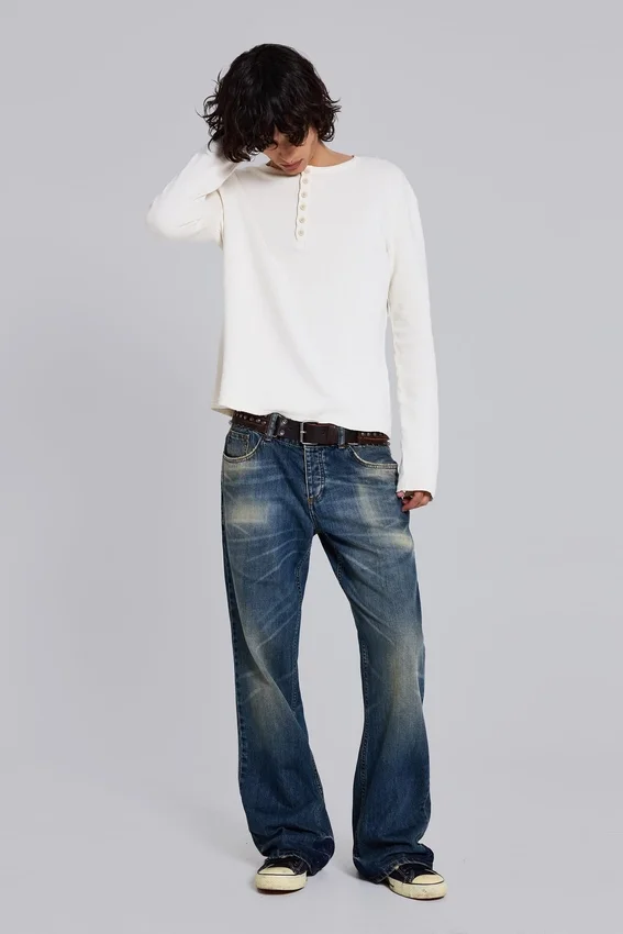 Ecru Waffle Henley Top