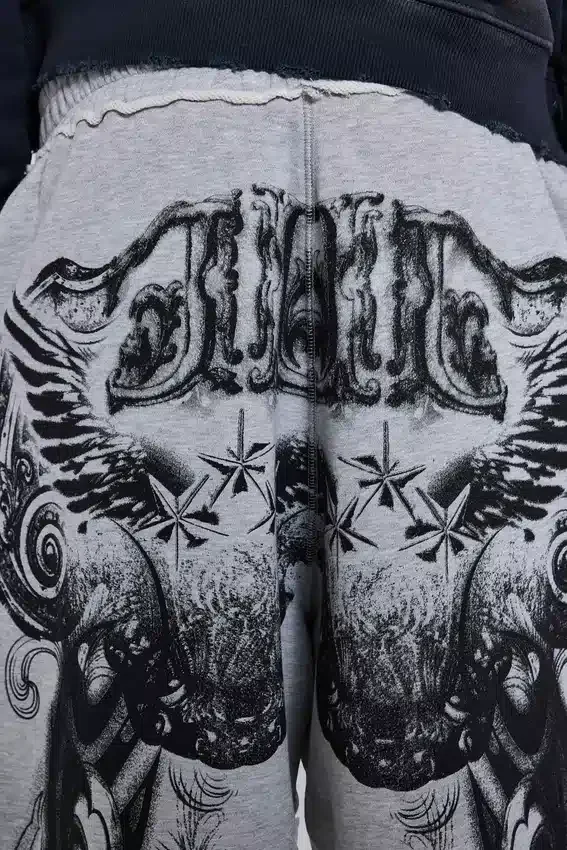 Grey Marl Gothic Print Baggy Monster Joggers