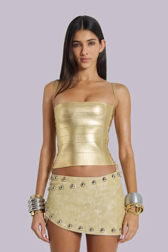 Idol Metallic Bandage Corset Top in Gold