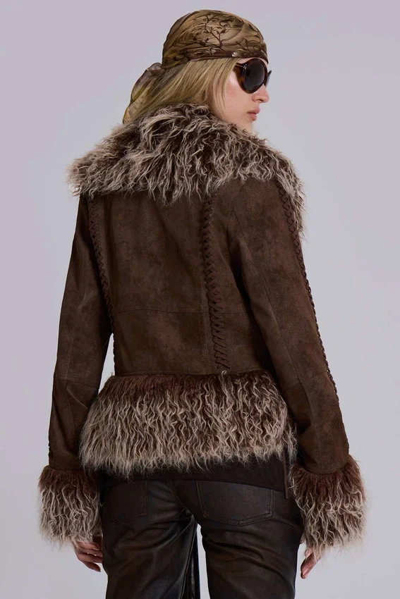 Leonie Faux Mongolian Fur Trim Coat in Brown