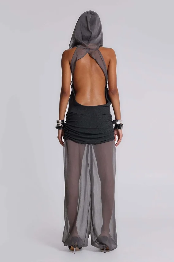 Lurien Backless Hooded Chiffon Knit Top