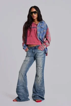 Mid Blue Distressed Creased Drift Flared Jeans