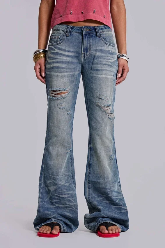 Mid Blue Distressed Creased Drift Flared Jeans