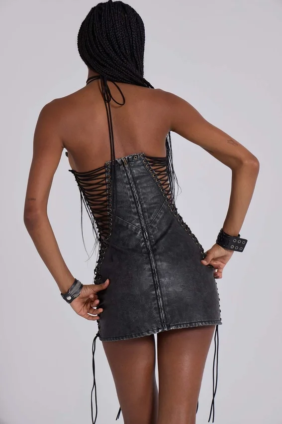 Odile Black Faux Leather Lace Up Mini Dress