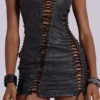 Odile Black Faux Leather Lace Up Mini Dress