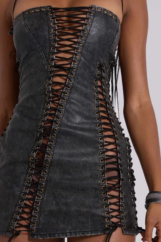 Odile Black Faux Leather Lace Up Mini Dress