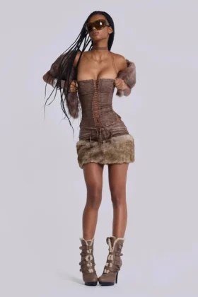 Odile Brown Faux Leather Lace Up Corset