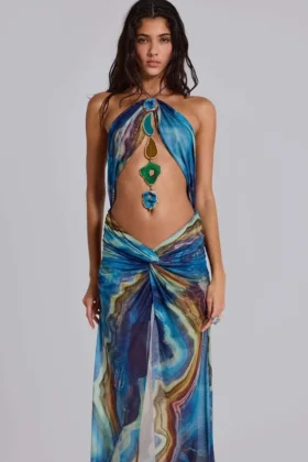 Quartz Halter Maxi Dress with Crystals