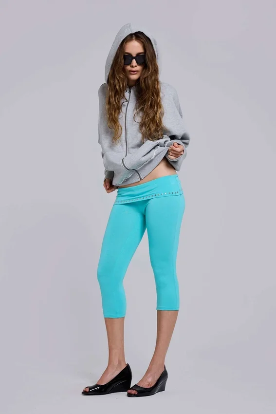 Quinn Studded Jersey Capri in Turquoise