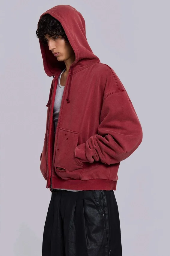Red Sun Faded Waffle Lined Zip Hoodie