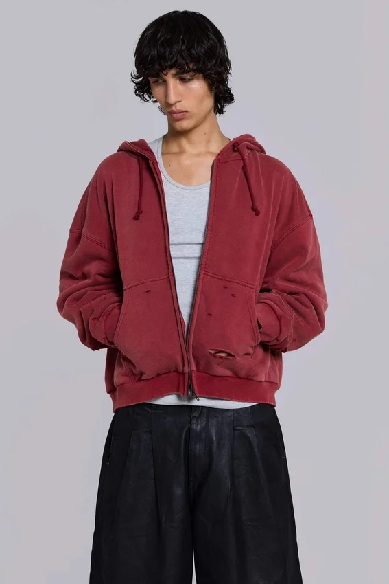 Red Sun Faded Waffle Lined Zip Hoodie
