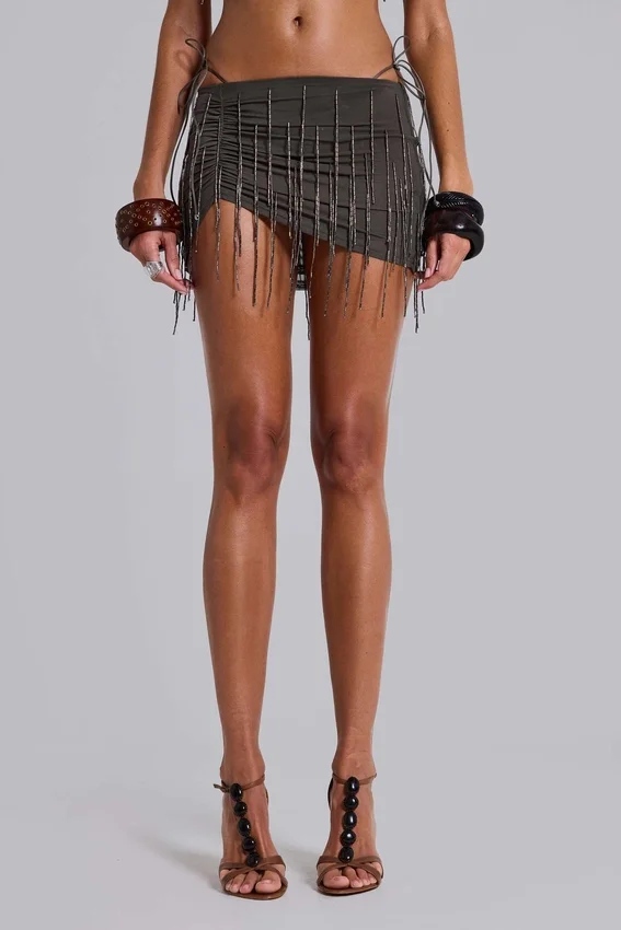 Rosario Beaded Fringe Asymmetric Mini Skirt