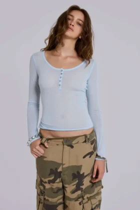 Sheer Henley Top In Sky