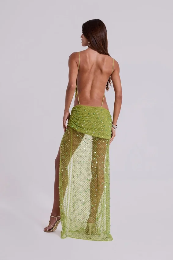Stellar Asymmetric Hand Beaded Maxi Dress in Lime