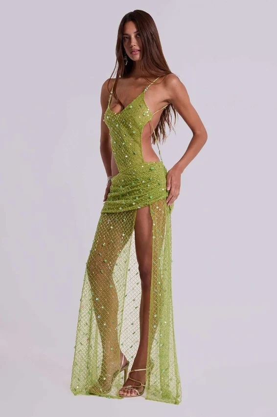 Stellar Asymmetric Hand Beaded Maxi Dress in Lime