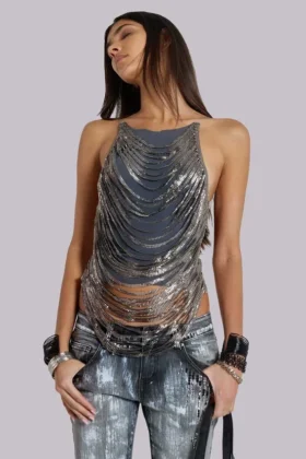 Strings Attached Backless Top in Chainmail