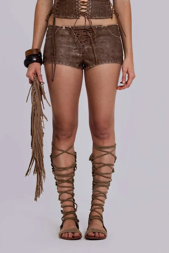 Vaca Whipstitch Faux Leather Mini Shorts in Brown
