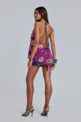 Vireya Embellished Backless Halter Top