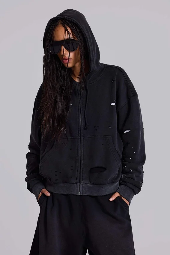 Washed Black Sun Faded Waffle Lined Zip Hoodie