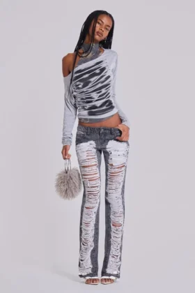 Zain Shredded Bootcut Jeans in Grey